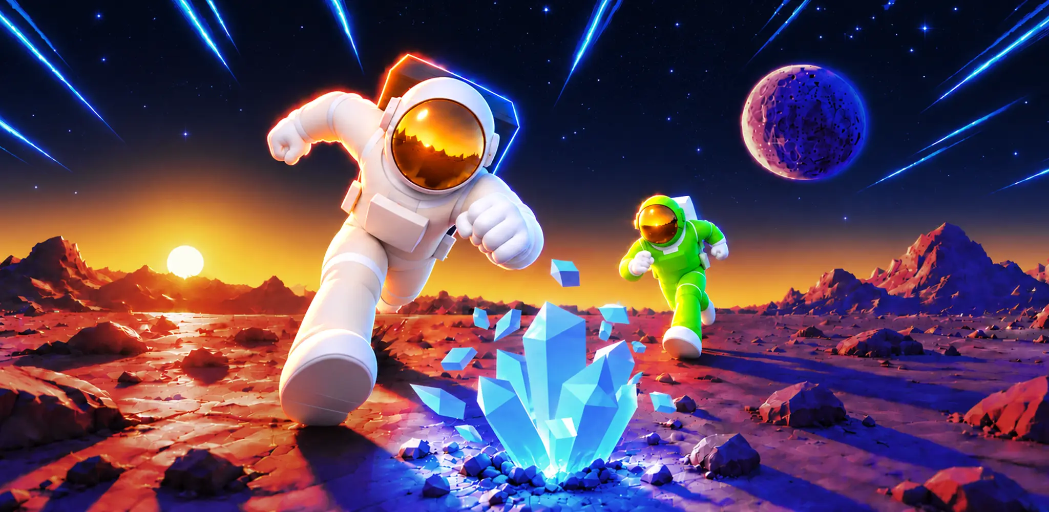 Two astronauts racing across an alien world in Cosmic Dash Rivals